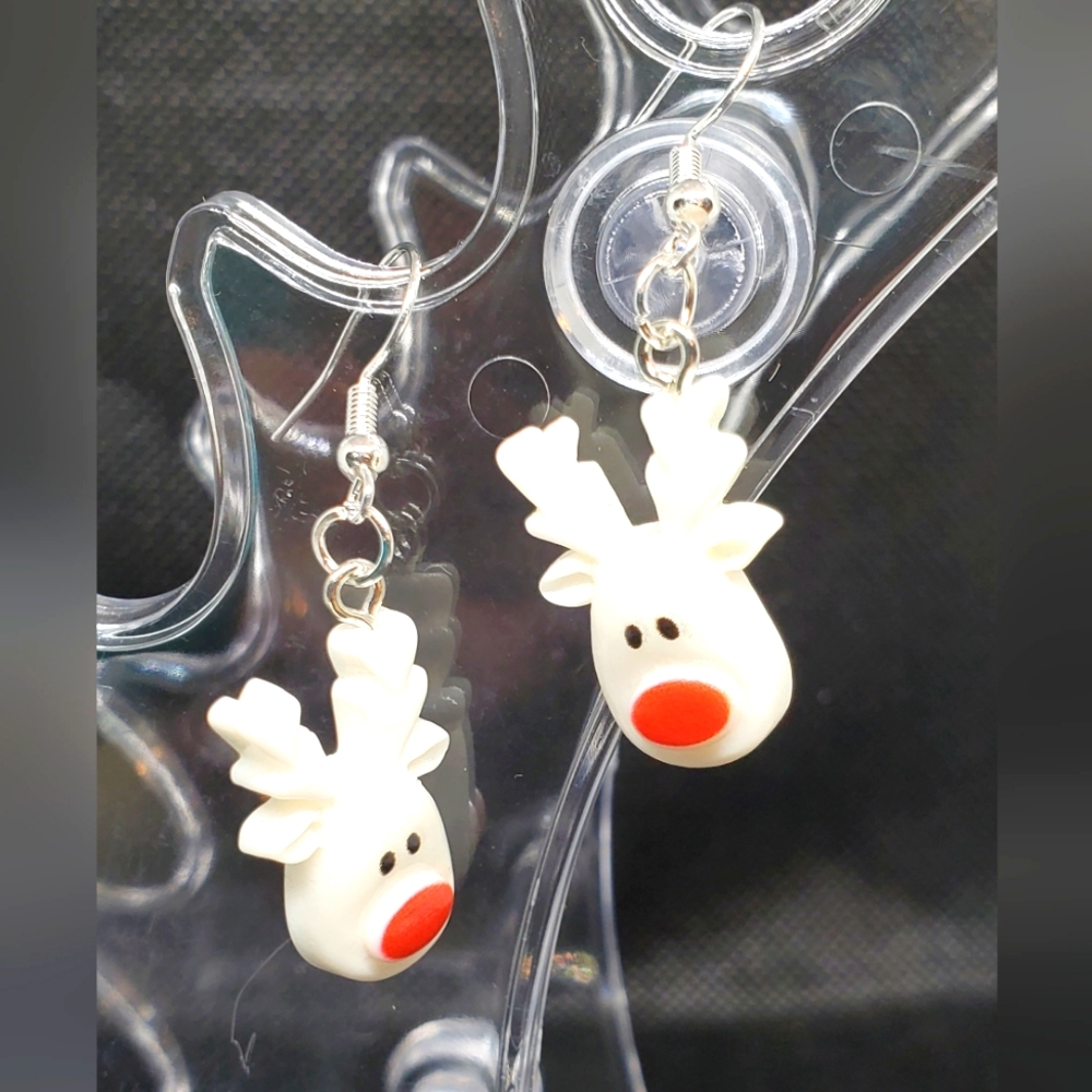 7/$10 White Christmas Reindeer Earrings, New
